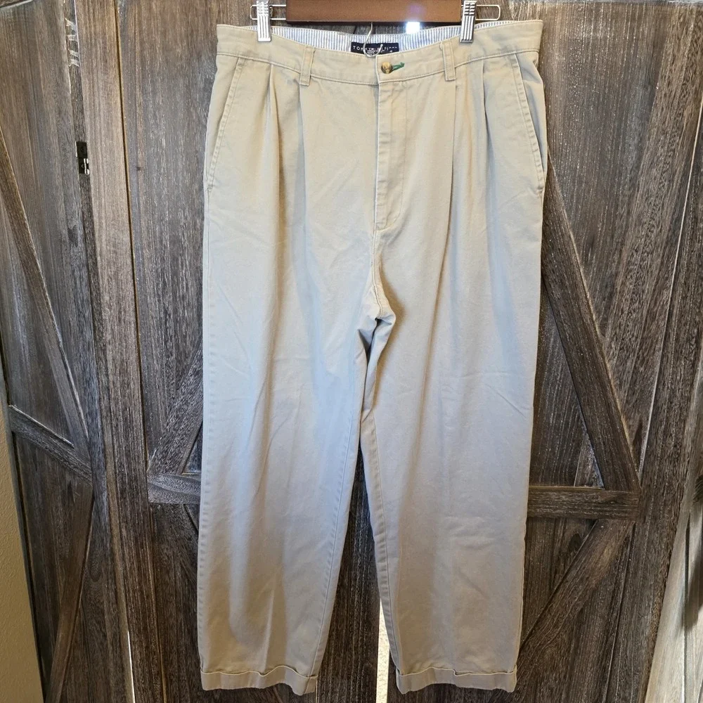 Tommy Hilfiger Pants Men's Size 36‎ x 32 Beige Pleated Straight Cuffed Vintage